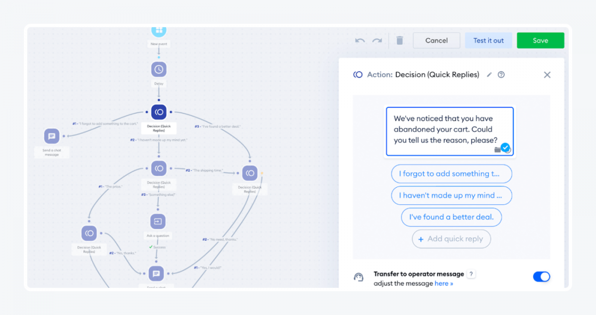 Abandoned cart chatbot script in Tidio panel