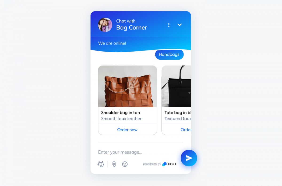Example of virtual shopping assistant powered by Tidio