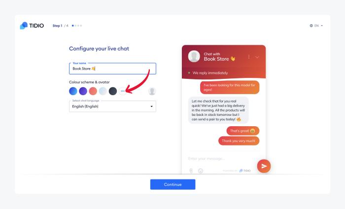 Snapshot of the first step in Tidio's onboarding process - Configure your live chat where name, color scheme and language can be set
