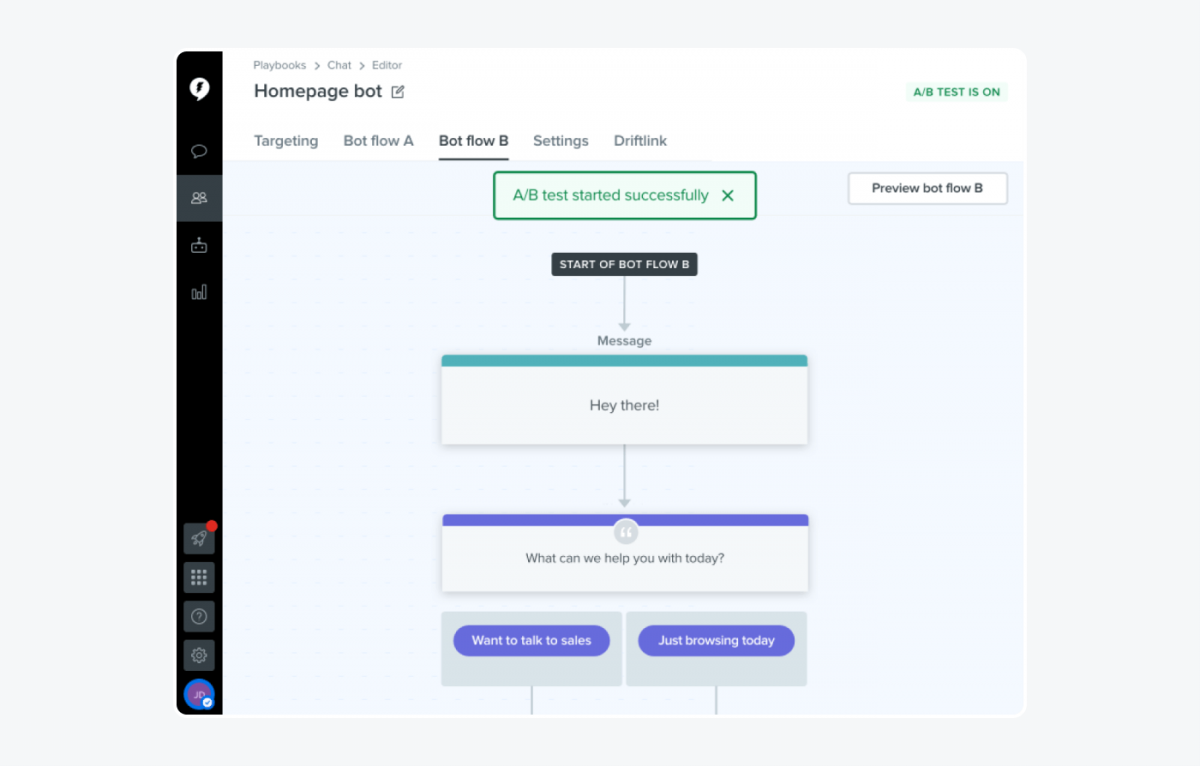 A view inside Drift's chatbot building platform