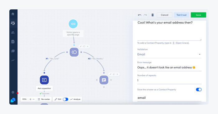 Action settings in Tidio chatbot builder