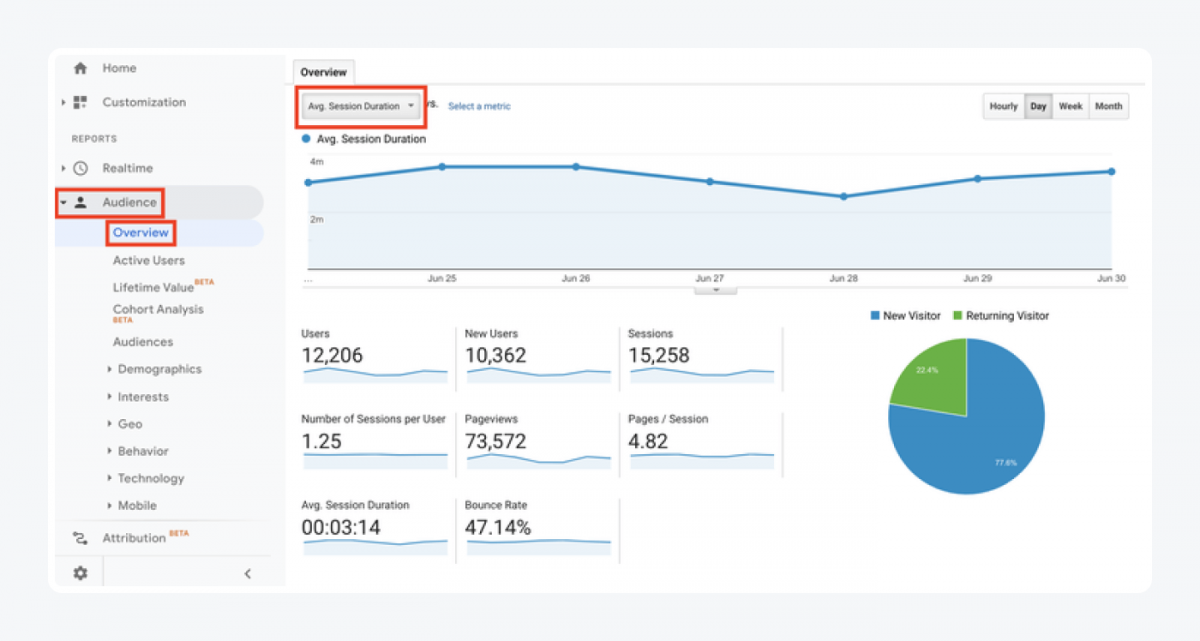 Google Analytics panel - Audience -> Overview