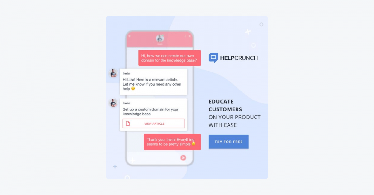 HelpCrunch widget mockup with Try for Free button on the right