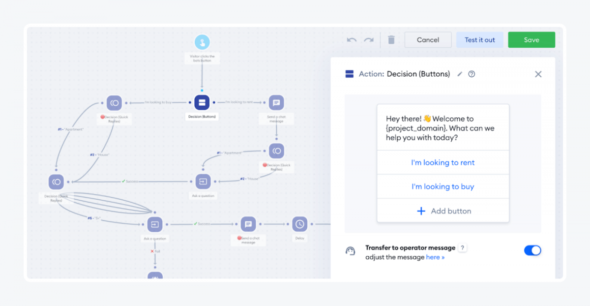 Lead generation chatbot script in Tidio panel