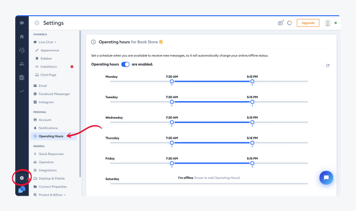 Snapshot of Operating Hours tab in Tidio settings panel with a settings button circled in the bottom left corner and an arrow pointing to the Operating Hours tab in the left side menu