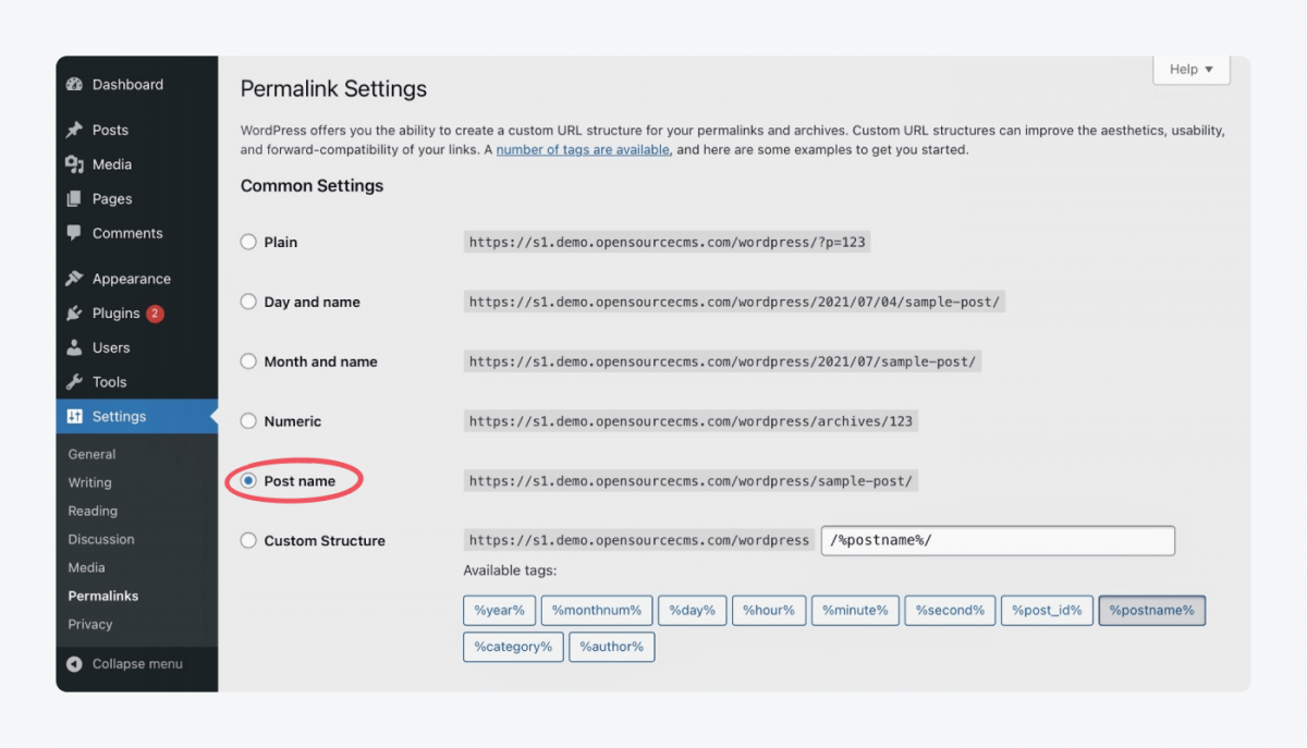 Permalink settings in WordPress