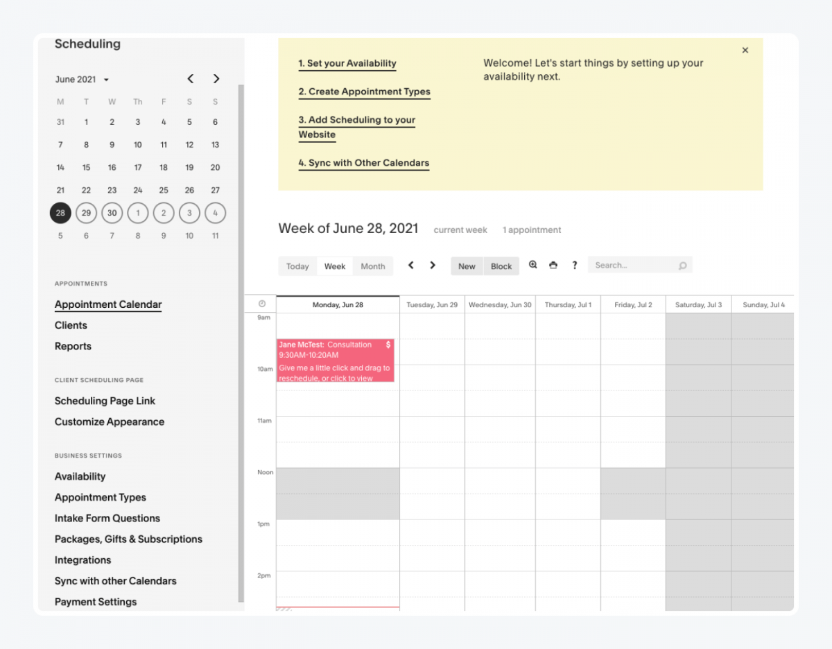 Squarespace scheduling panel