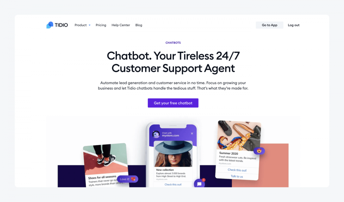 Tidio's chatbots product page