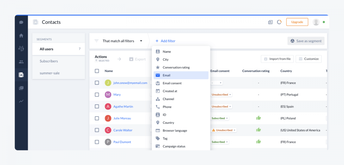 Tidio's contact panel with opened list of filters