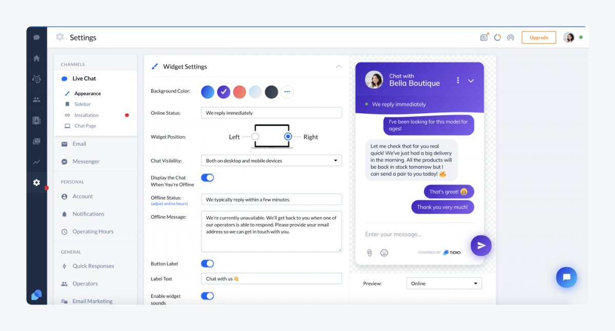 Tidio's settings panel