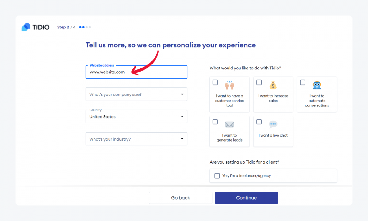 Tidio setup step 2 with an arrow pointing to the Website address field