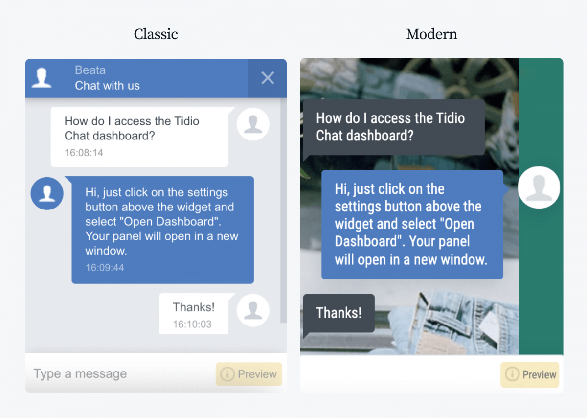 Tidio chatbot widget in Classic and Modern version